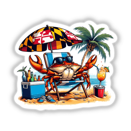 Maryland Flag Steamed Blue Crab sunbathes in a beach chair under a colorful umbrella, surrounded by a palm tree, sunglasses, and a blue cooler. Available as stickers or digital artwork.