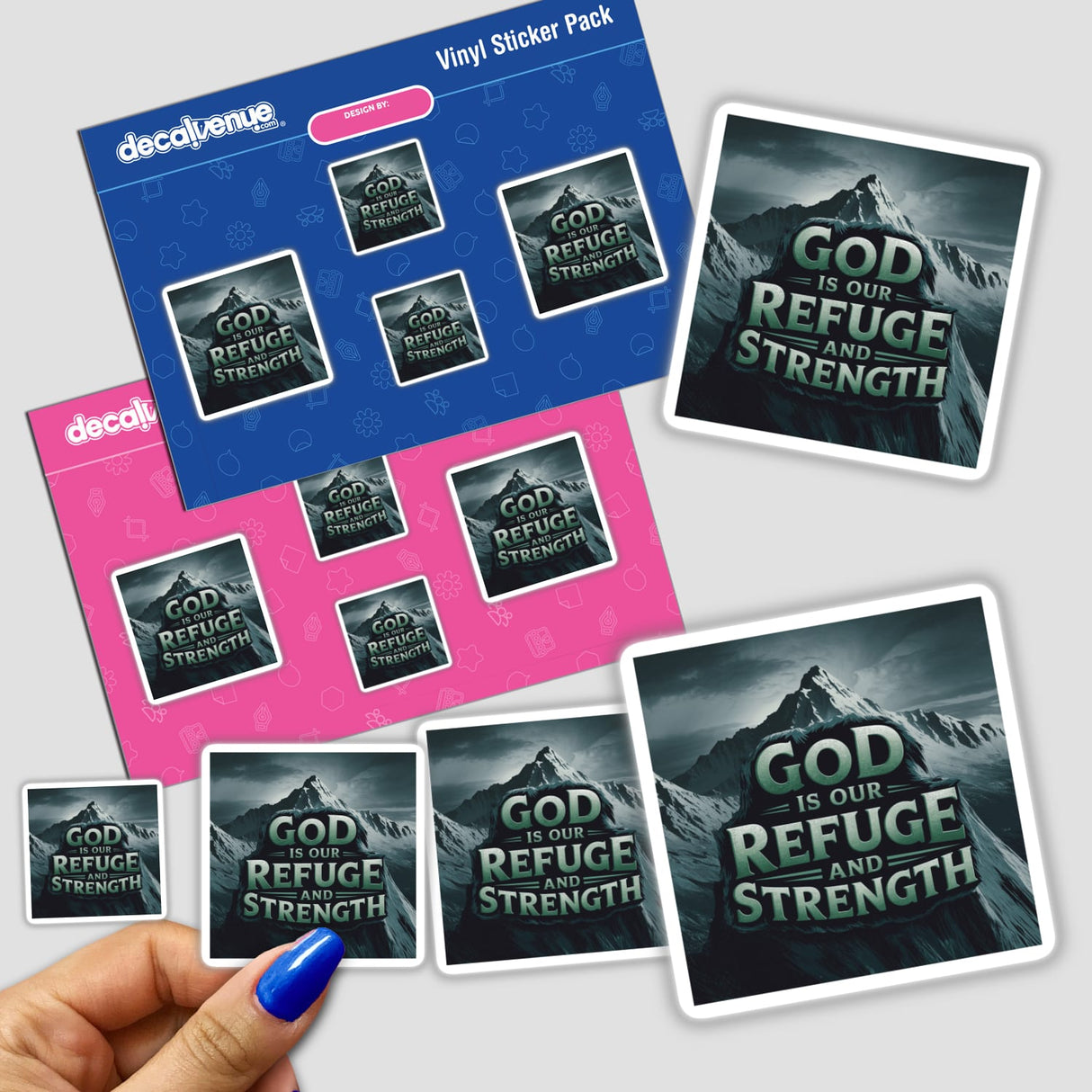 Hand holding God is Our Refuge and Strength sticker pack, featuring Psalm 46:1, available as stickers or digital artwork, showcasing Christian quotes and Bible verses.