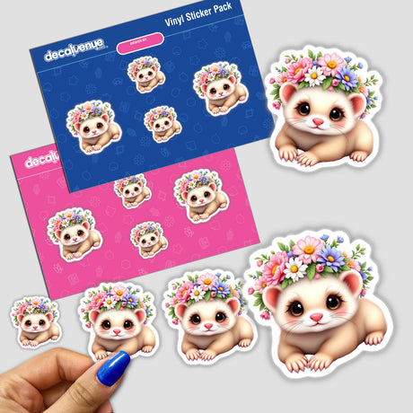 Cute Ferret with a Whimsical Flower Crown sticker held by a hand with blue nail polish, featuring playful cartoon animals adorned with vibrant floral crowns. Ideal for personalizing items.