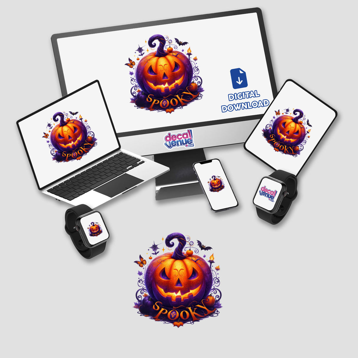 Vivid Spooky Halloween Pumpkin displayed on various devices including a laptop, computer monitor, tablet, cellphone, and smartwatch, available as stickers or digital artwork.