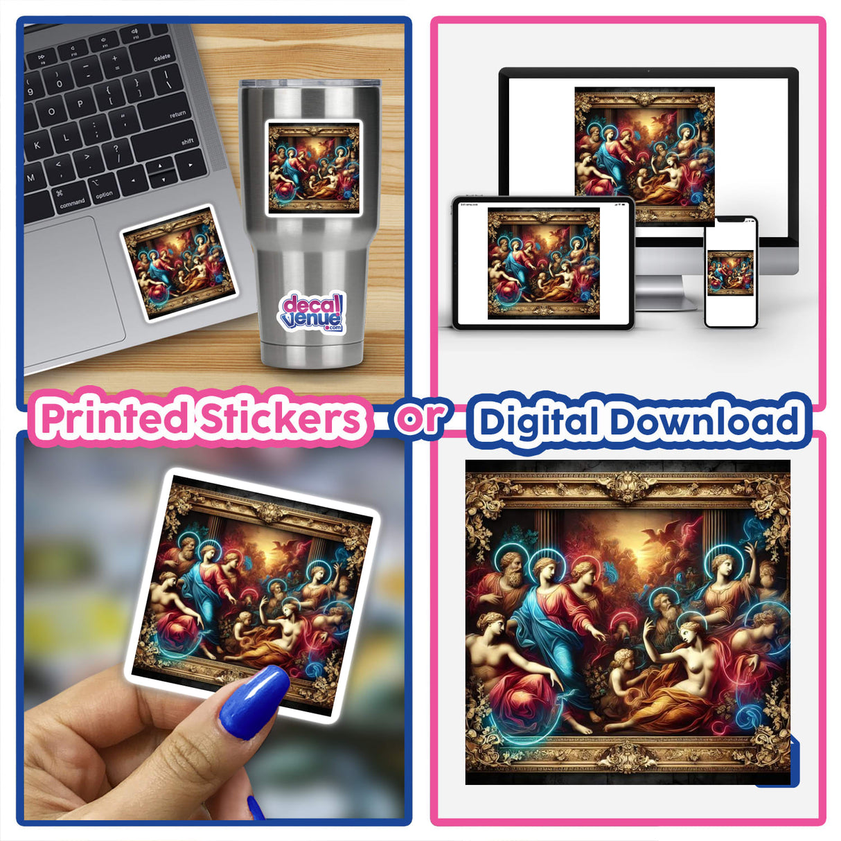 Collage featuring Neon Baroque - Classical Figures with Modern Neon Accents on a laptop and as digital artwork, blending classical elements with vibrant neon. Ideal for art enthusiasts and decor.