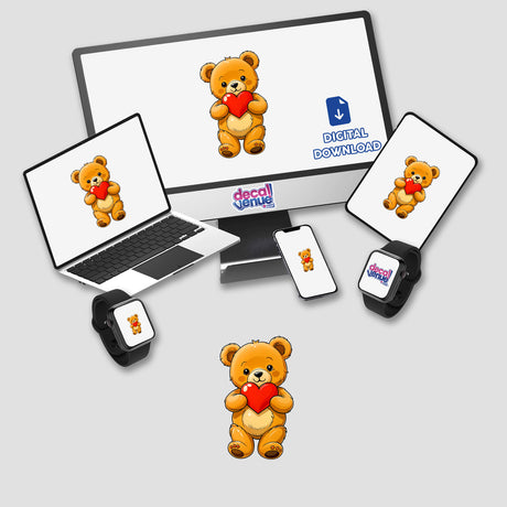 Cute Valentine's Day Teddy Bear digital artwork on a computer monitor and laptop screen, featuring a cartoon teddy bear holding a heart, available as stickers or digital artwork from Decal Venue.