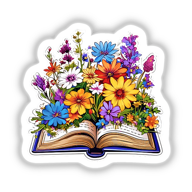 Vibrant floral digital artwork featuring a bouquet of colorful flowers sprouting from an open book