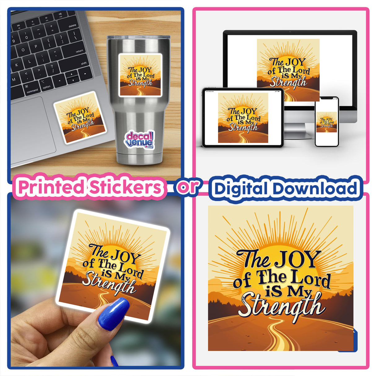 The Joy of the Lord is My Strength sticker and clipart featuring Nehemiah 8:10, displayed on a laptop with a prominent sticker highlighting a Christian quote for spiritual inspiration.