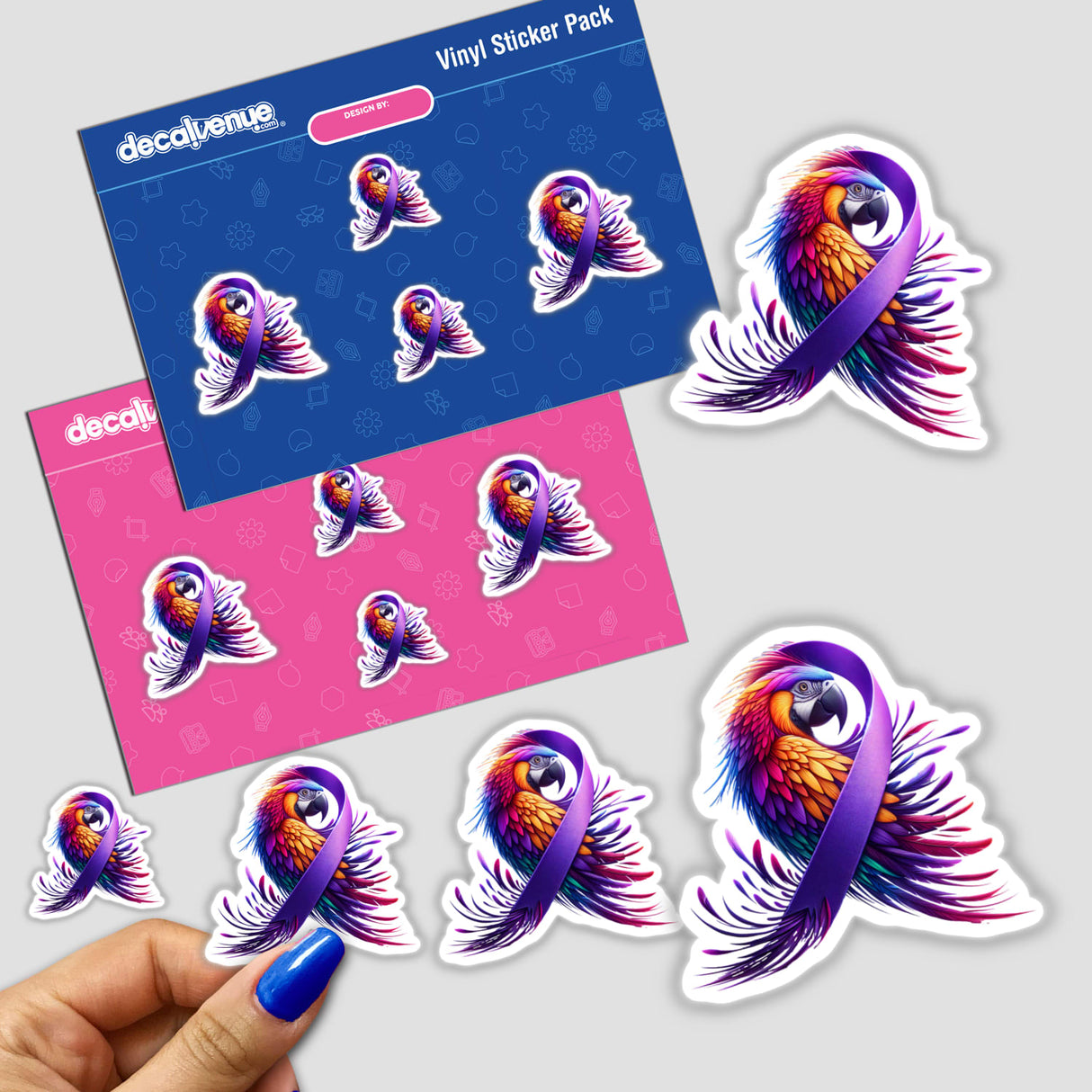 Parrot Purple Ribbon Alzheimer's Awareness sticker featuring colorful birds with a purple ribbon, ideal for raising awareness and support through decorative personal items or digital sharing.