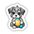 Schnauzer puppy holding Easter egg