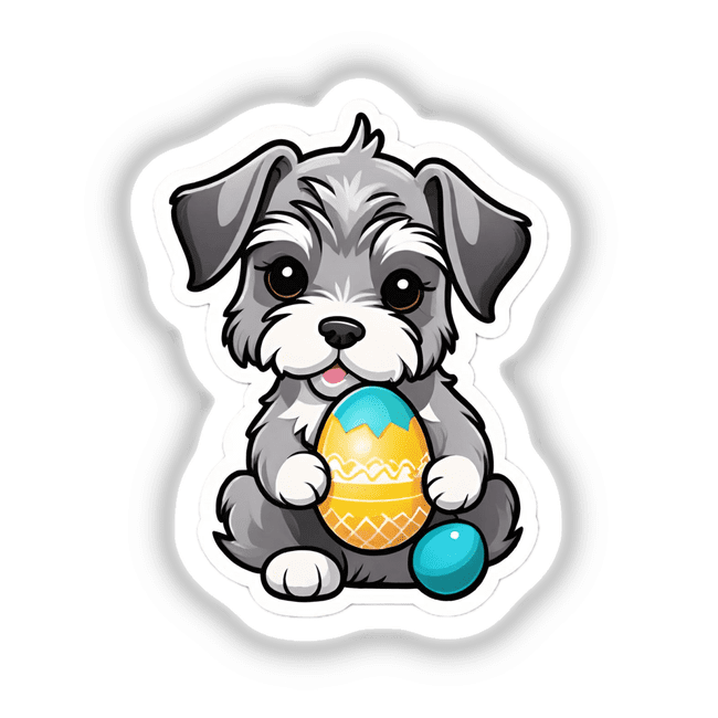 Schnauzer puppy holding Easter egg