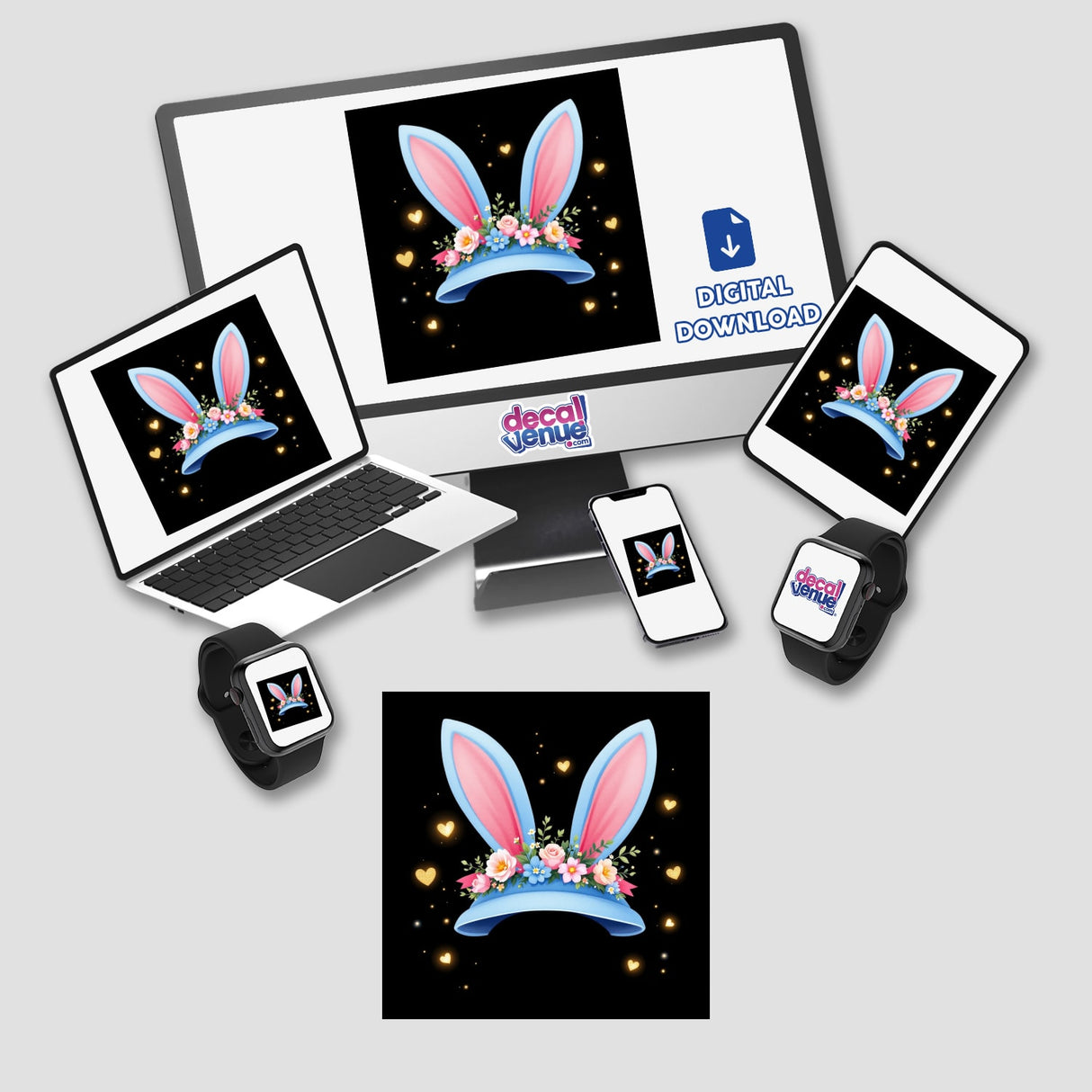 Blue Easter Bonnet with Gold Hearts depicted on a computer monitor and laptop, featuring playful bunny ears and floral elements, available as stickers or digital artwork from Decal Venue.