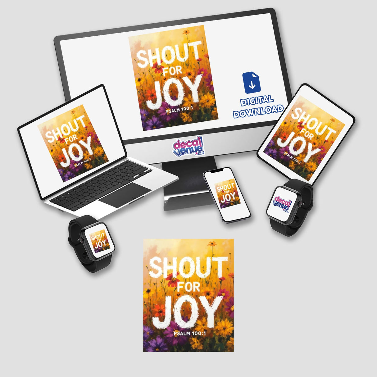Wallflower Shout for Joy Sticker or Clipart featuring Psalm 100:1, displayed on a computer monitor and laptop, showcasing vibrant flowers and text. Available as stickers or digital artwork with commercial rights.