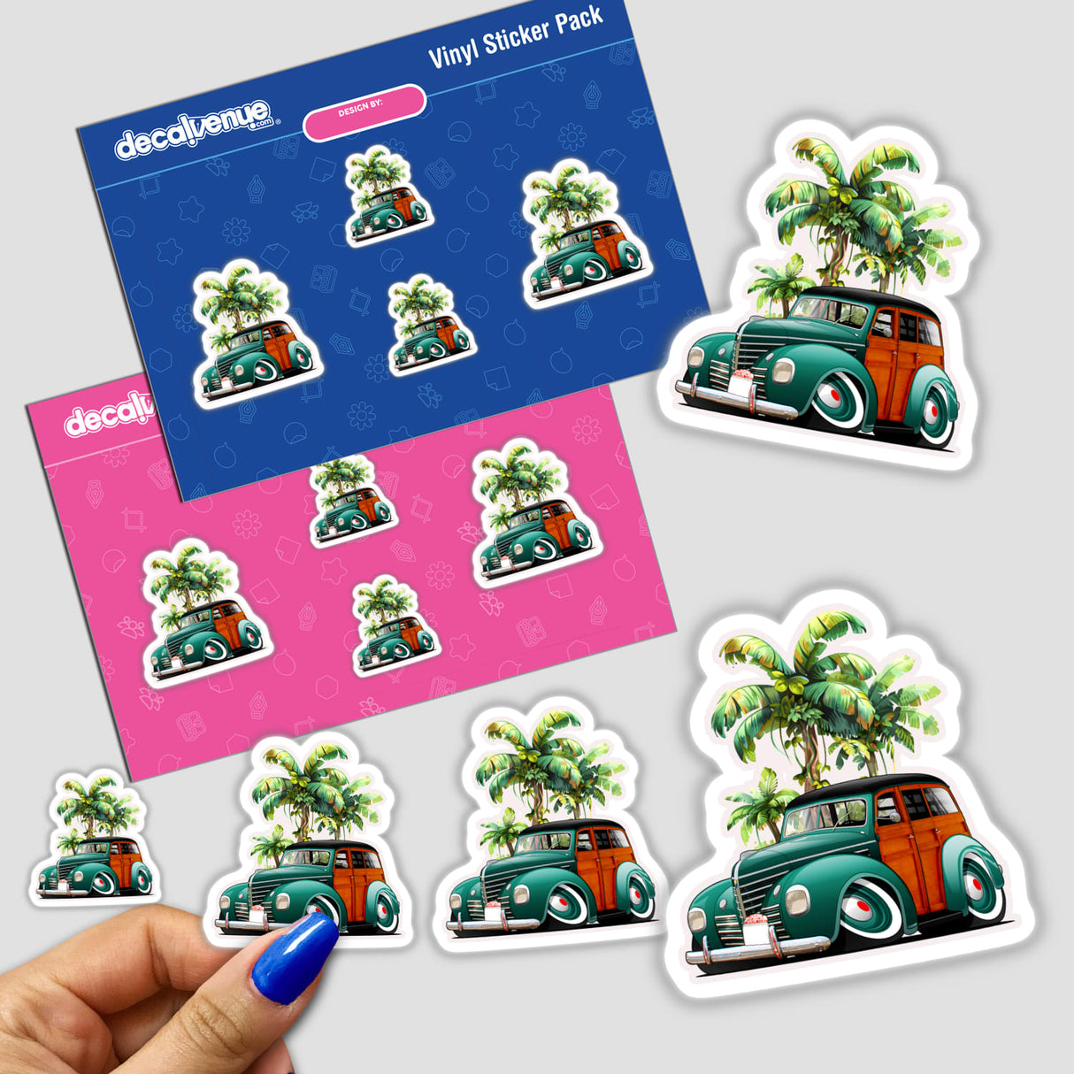 Green Woodie stickers featuring a cartoon car with wooden details and palm trees on top, capturing a playful and unique design available as vinyl stickers or digital artwork.