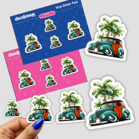 Green Woodie stickers featuring a cartoon car with wooden details and palm trees on top, capturing a playful and unique design available as vinyl stickers or digital artwork.