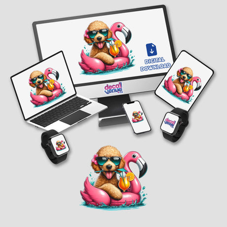 Goldendoodle on Flamingo Float digital artwork displayed on a computer monitor and laptop, showcasing a dog wearing sunglasses, ideal as stickers or digital art from Decal Venue.
