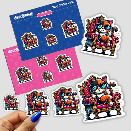 Sticker featuring Sassy Cat Royalty, a cool cat wearing sunglasses, sitting on a throne.