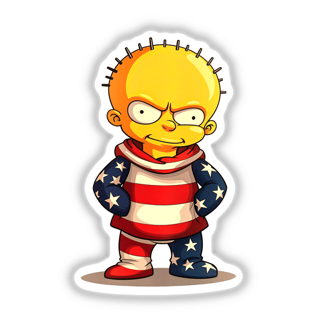 A Funny Guy with an American Flag Outfit cartoon character, featuring a red, white, and blue ensemble, available as stickers or digital artwork from Decal Venue.