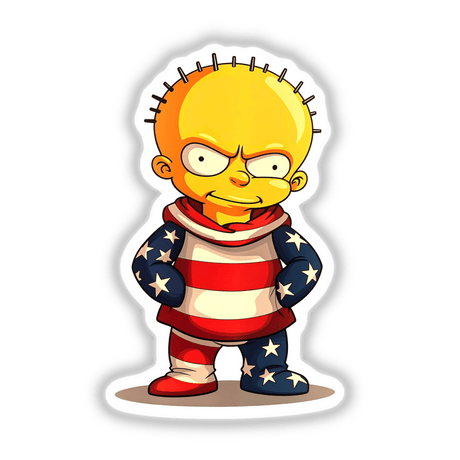 A Funny Guy with an American Flag Outfit cartoon character, featuring a red, white, and blue ensemble, available as stickers or digital artwork from Decal Venue.
