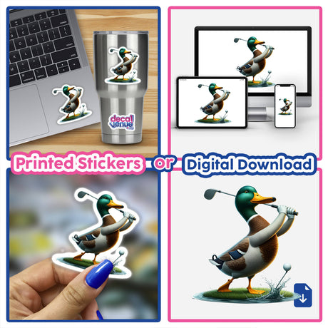 Mallard Duck Hitting Golf Ball stickers or digital artwork, showing a cartoon duck with a golf club in various poses, perfect for laptops and personal items.