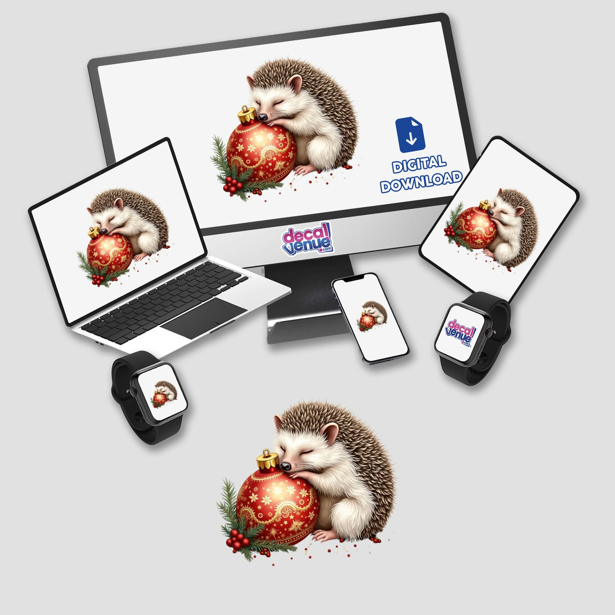 Hedgehog Sleeping on Christmas Ornament design displayed on a laptop screen, featuring a cute hedgehog embracing a festive ornament, ideal for stickers or digital art by DecalVenue.