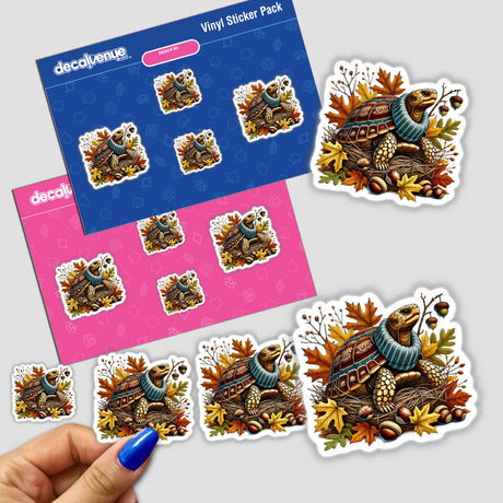 Vibrant autumn turtle figurine in cozy turtleneck, surrounded by colorful fall leaves and patterns, featured on vinyl sticker packs from DecalVenue, an online store offering unique stickers and digital art.