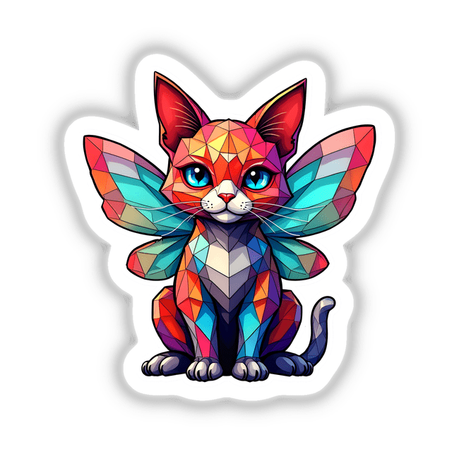 A Cute Geometric Fairy Cat illustration featuring a winged, cartoonish cat with distinct geometric shapes, available as stickers or digital artwork from Decal Venue.