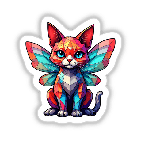 A Cute Geometric Fairy Cat illustration featuring a winged, cartoonish cat with distinct geometric shapes, available as stickers or digital artwork from Decal Venue.
