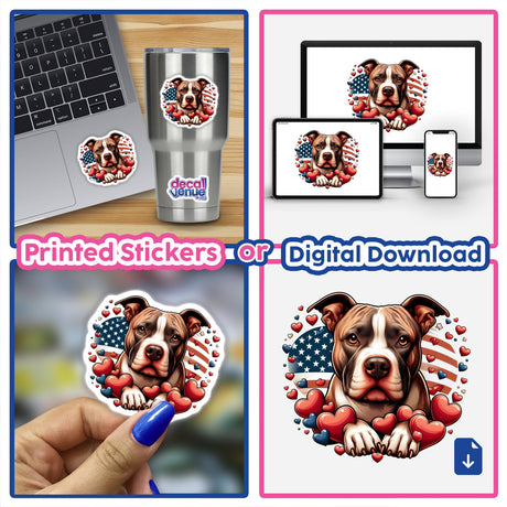 Vibrant digital artwork of an American red nose pitbull dog surrounded by hearts on various devices and products, including a laptop, tumbler, and mobile screens. The artwork portrays the warm and affectionate nature of the breed.