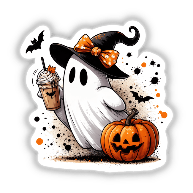Cute Halloween Ghost w/ Drink and Pumpkin: A cartoon ghost holding a drink and a carved pumpkin, available as stickers or digital artwork.