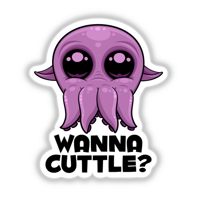 Wanna Cuttle Cute Cartoon Cuttlefish sticker featuring a whimsical purple octopus design with cartoonish eyes and playful expression, ideal for adding charm to any surface.