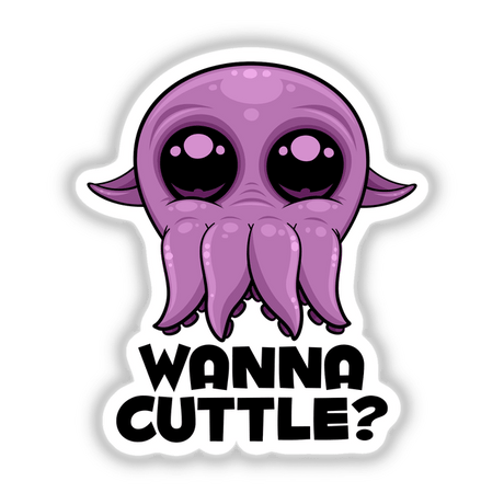 Wanna Cuttle Cute Cartoon Cuttlefish sticker featuring a whimsical purple octopus design with cartoonish eyes and playful expression, ideal for adding charm to any surface.