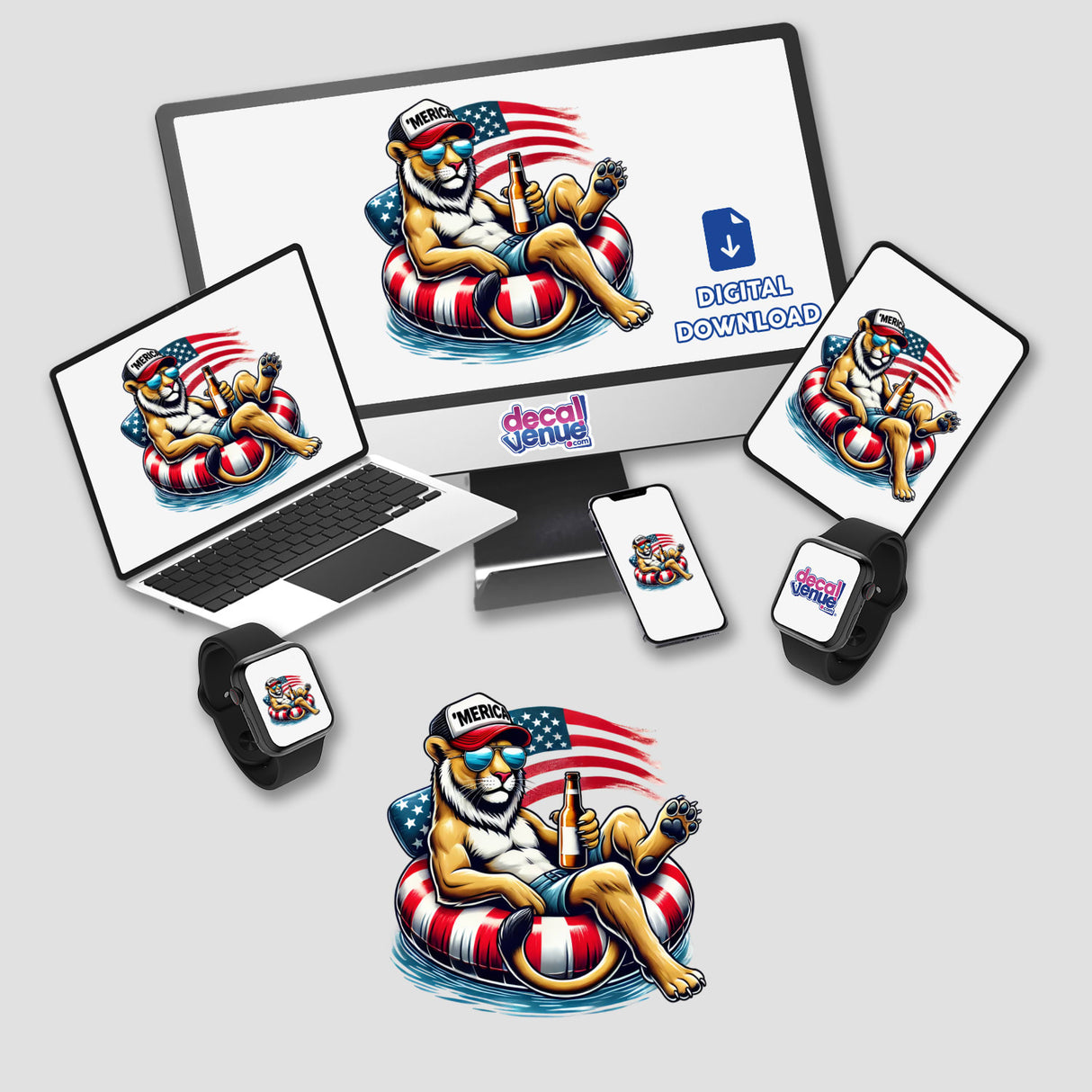 Mountain Lion American Flag Float Merica digital artwork displayed on various devices, including a computer monitor, laptop, smartphone, and smartwatch, featuring a cartoon lion on an American flag float.
