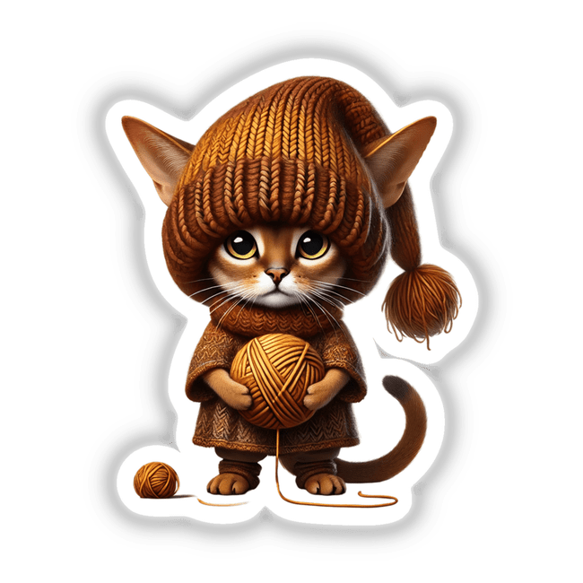 Abyssinian Cat Gnome wearing a hat and sweater, holding a ball of yarn, ideal for stickers or digital downloads, perfect for crafting projects and DIY art from Decal Venue.