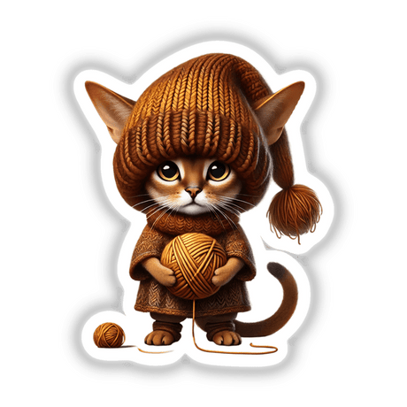 Abyssinian Cat Gnome wearing a hat and sweater, holding a ball of yarn, ideal for stickers or digital downloads, perfect for crafting projects and DIY art from Decal Venue.
