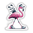 Flamingo Going Golfing: A whimsical cartoon of a flamingo carrying golf clubs, available as stickers or digital artwork, perfect for fans of unique vinyl decals from Decal Venue.