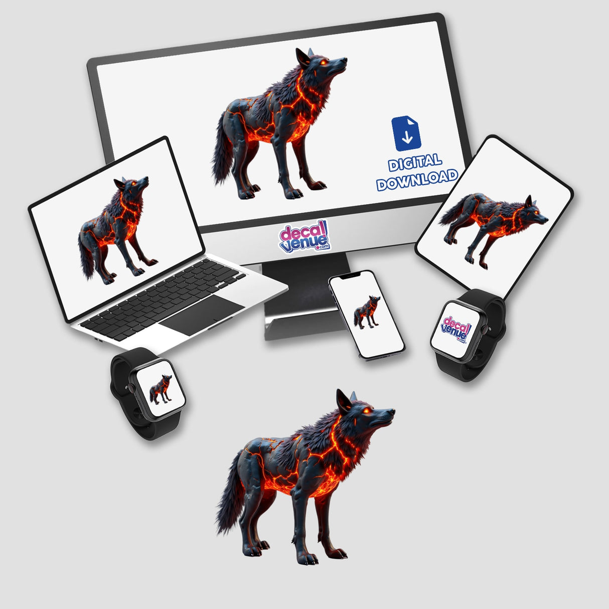 Molten Lava Wolf digital artwork displayed on a computer monitor and laptop, featuring a black wolf with lava-like patterns, available as stickers or digital downloads from Decal Venue.