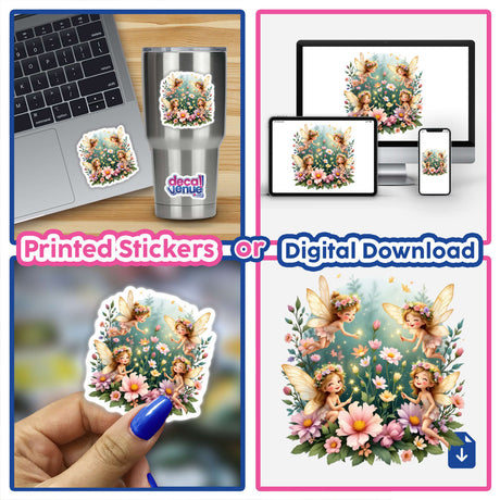 Tiny Fairies with Glowing Wings and Spring Flower Crowns sticker showcased on a laptop, highlighting delicate fairy designs amid blooms, available as stickers or digital artwork from Decal Venue.