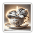 Cozy Kitten in Vintage Teacup: A serene cat sleeps curled up inside a delicate ceramic teacup, available as unique stickers or digital artwork from Decal Venue.
