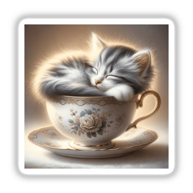 Cozy Kitten in Vintage Teacup: A serene cat sleeps curled up inside a delicate ceramic teacup, available as unique stickers or digital artwork from Decal Venue.