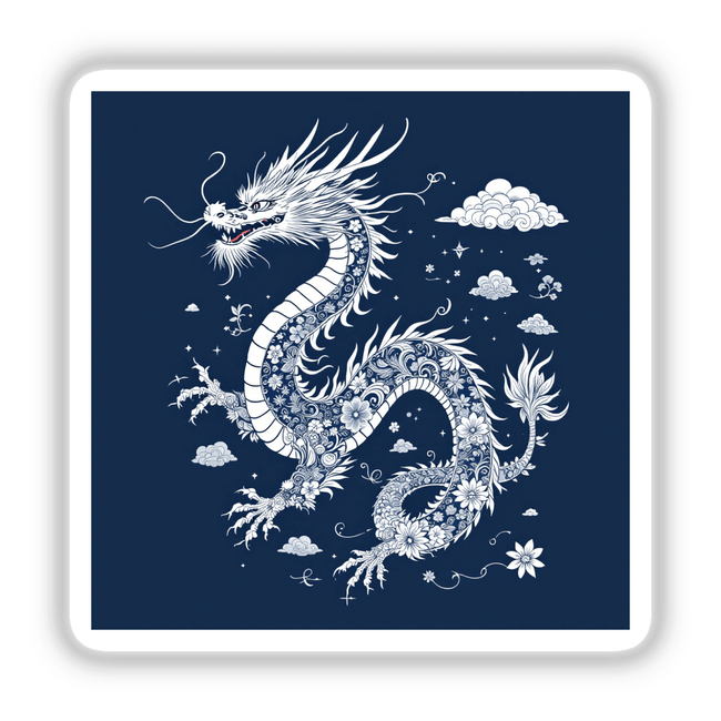 Chinoiserie Dragon: Intricate illustration of a white dragon adorned with flowers, available as stickers or digital artwork. Perfect for adding an artistic touch to your collection from Decal Venue.
