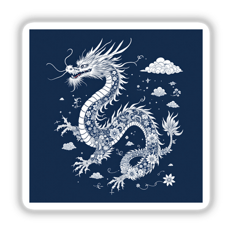 Chinoiserie Dragon: Intricate illustration of a white dragon adorned with flowers, available as stickers or digital artwork. Perfect for adding an artistic touch to your collection from Decal Venue.
