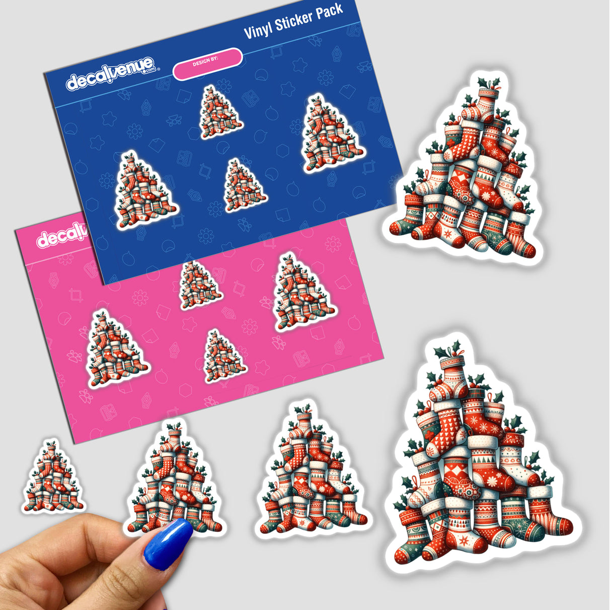 Stocking Christmas Tree sticker features Christmas stockings arranged in a festive tree shape. Available as both a sticker and digital artwork from Decal Venue, known for unique designs.