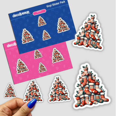Stocking Christmas Tree sticker features Christmas stockings arranged in a festive tree shape. Available as both a sticker and digital artwork from Decal Venue, known for unique designs.