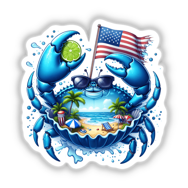 Patriotic Blue Crab Artwork with Tropical Beach Scene