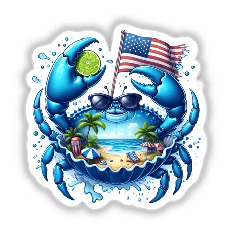 Patriotic Blue Crab Artwork with Tropical Beach Scene