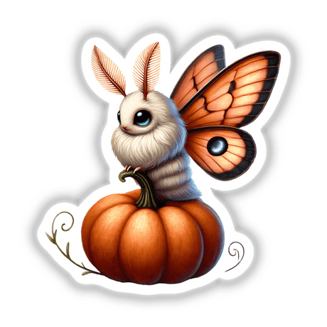 Moth on Pumpkin sticker or digital artwork: a cartoon butterfly perched on a detailed pumpkin, ideal for Halloween-themed decoration.