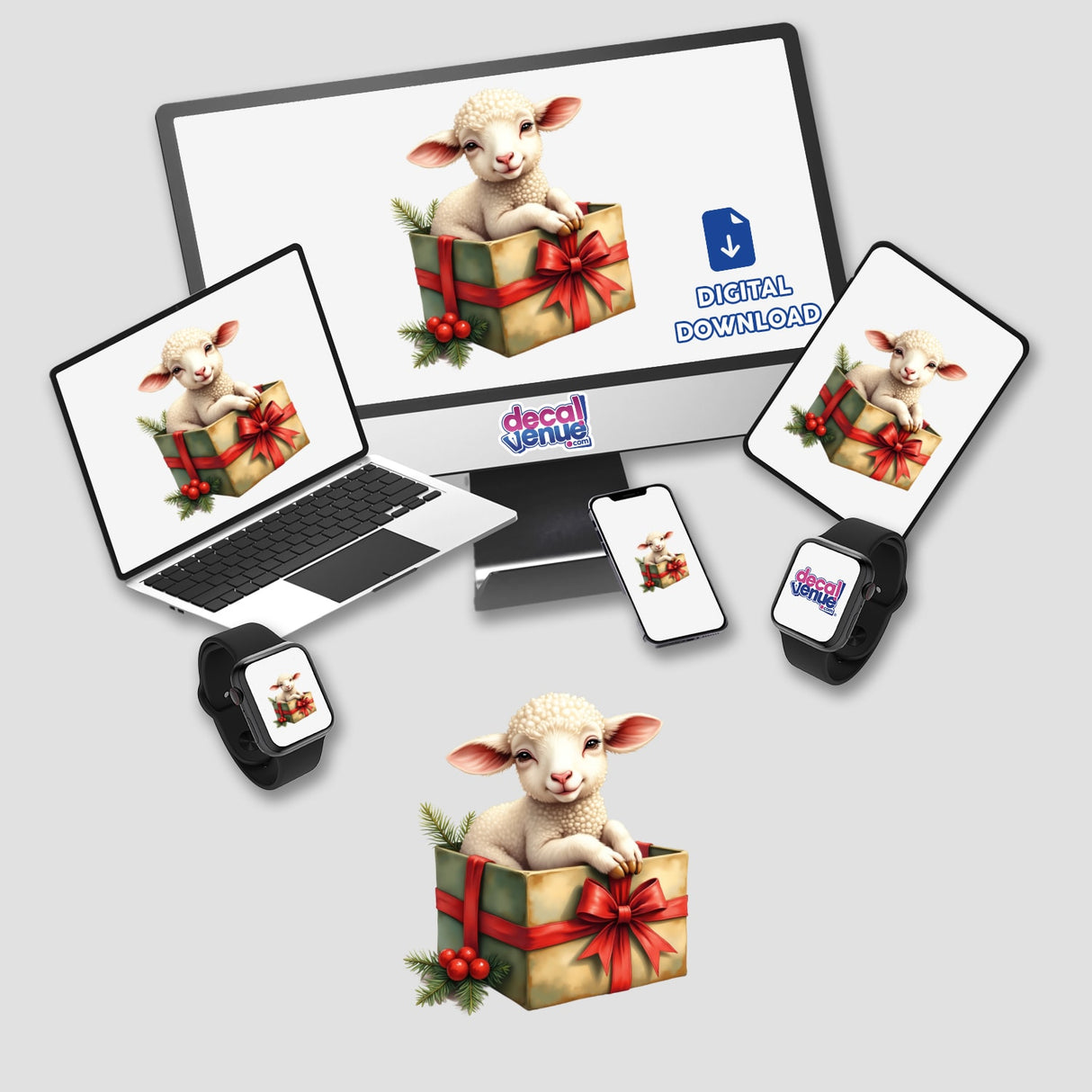Lamb in Christmas Present Box depicted on a laptop and smartwatch, showcasing unique sticker or digital artwork options from Decal Venue.