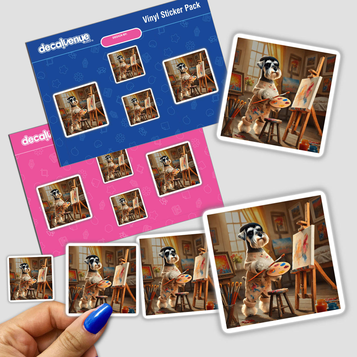 Sticker pack featuring Painter Schnauzer—a whimsical dog in a beret holding a paintbrush and palette, creating abstract art. Available as unique vinyl stickers or digital artwork.