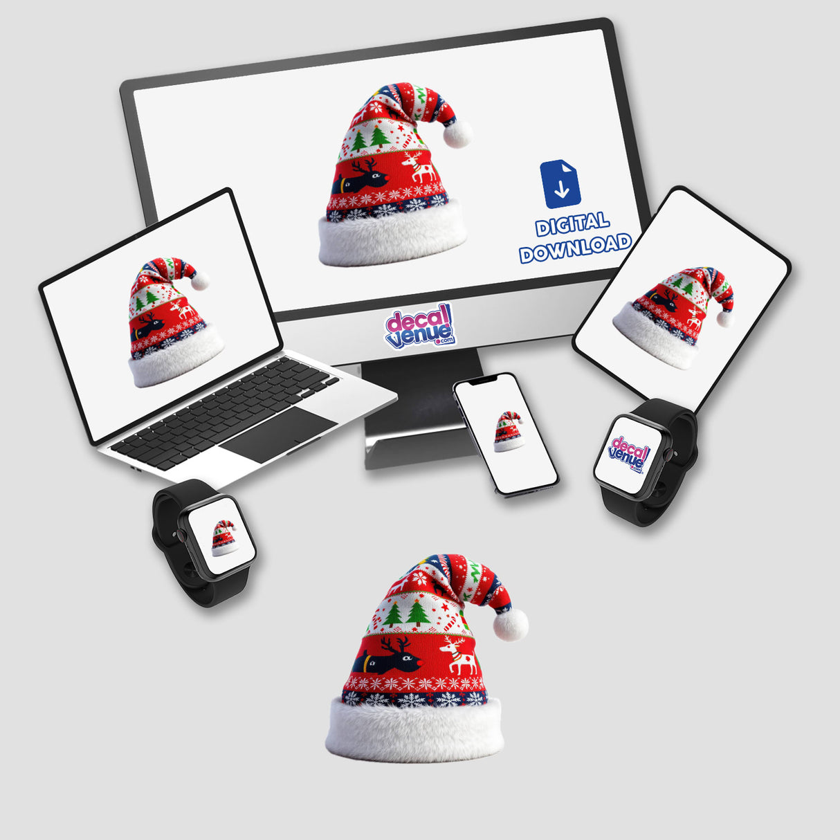 Santa Har Ugly Christmas Sweater Style digital artwork displayed on a laptop and smartphone. A festive red and white hat design featuring deer and snowflakes is shown on the screens.