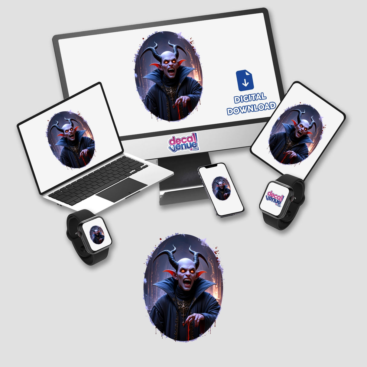 a laptop, phone, and other electronic devices all have stickers on them