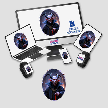a laptop, phone, and other electronic devices all have stickers on them