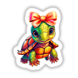 Baby turtle cartoon with a bow, available as stickers or digital artwork.