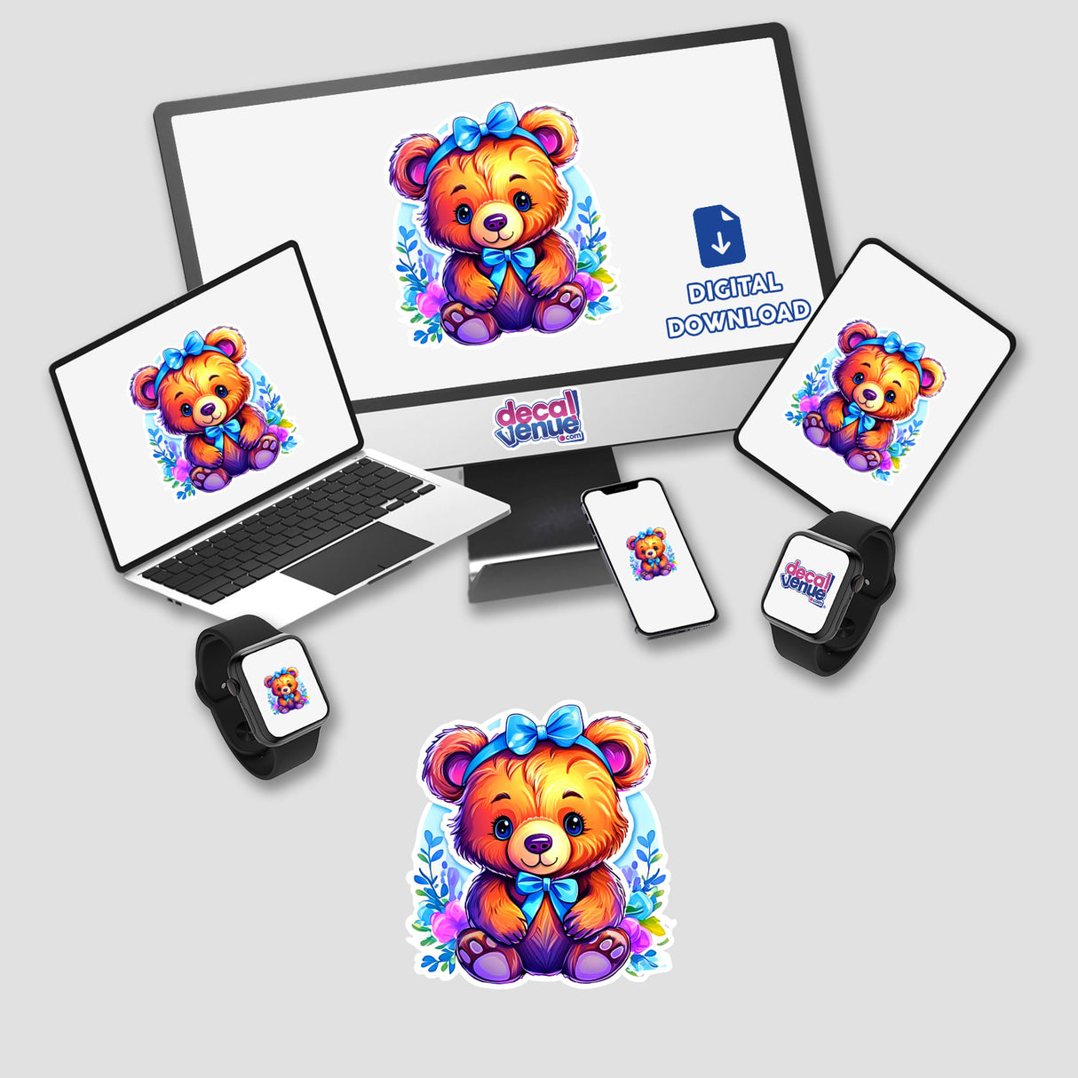 Baby bear cartoon displayed on a computer monitor and laptop, available as stickers or digital artwork.